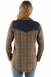 honey creek brown 70% rayon 30% cotton plaid shirt w/denim yokes - Scully Leather