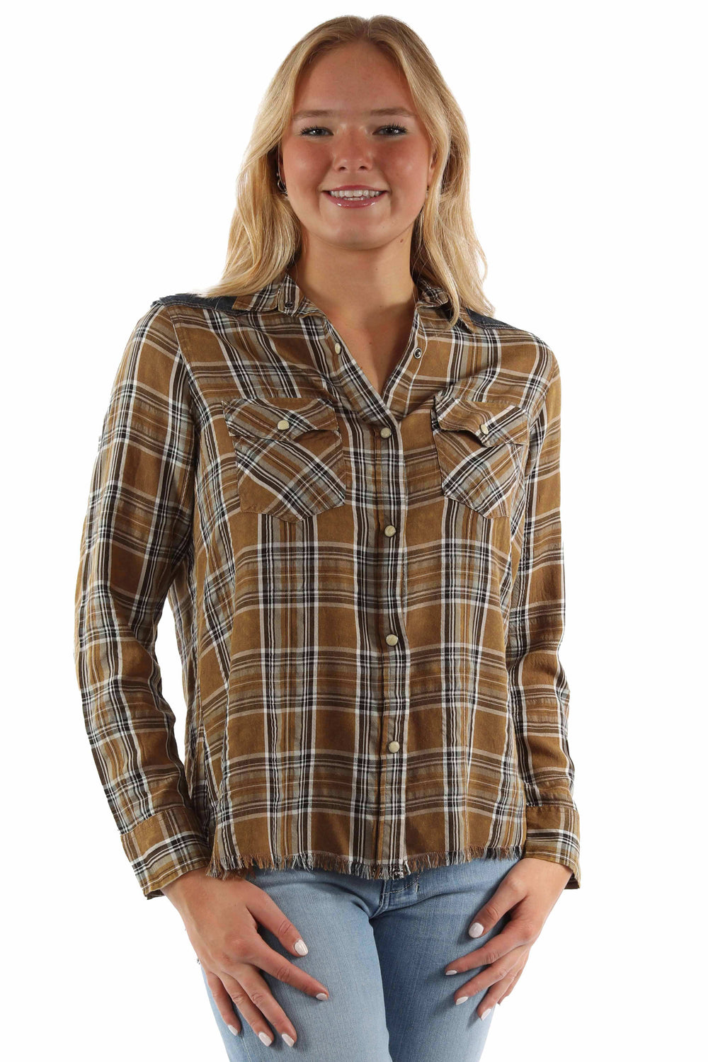 honey creek brown 70% rayon 30% cotton plaid shirt w/denim yokes - Scully Leather