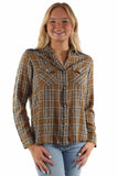honey creek brown 70% rayon 30% cotton plaid shirt w/denim yokes - Scully Leather