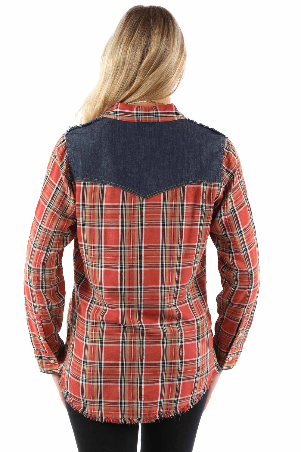 honey creek red 70% rayon 30% cotton plaid shirt w/denim yokes - Scully Leather - Flyclothing LLC