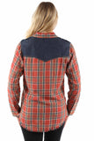 honey creek red 70% rayon 30% cotton plaid shirt w/denim yokes