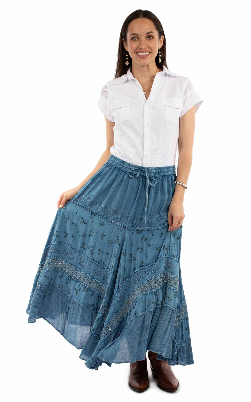 honey creek blue 100% rayon rose print rayon skirt - Scully Leather