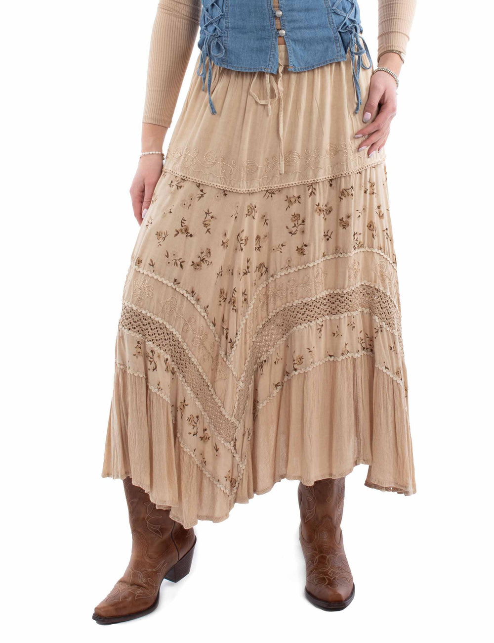 honey creek sand 100% rayon rose print rayon skirt - Scully Leather