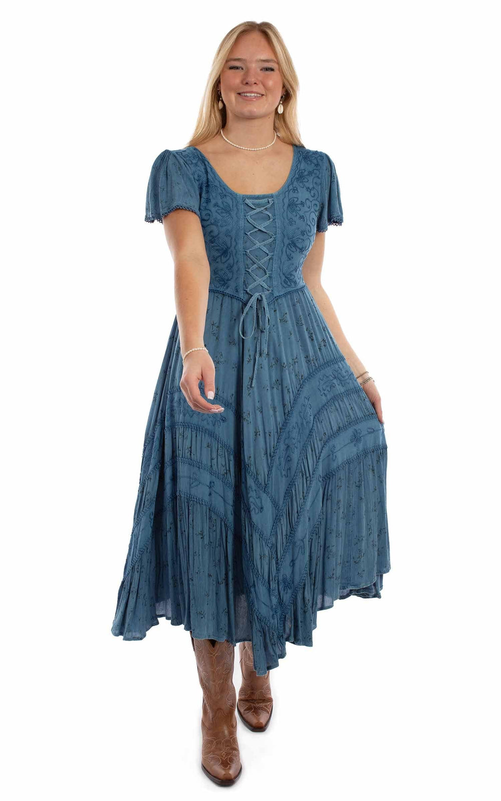 Honey Creek 100% rayon Blue Capsleeve printed lace front dress - Scully Leather