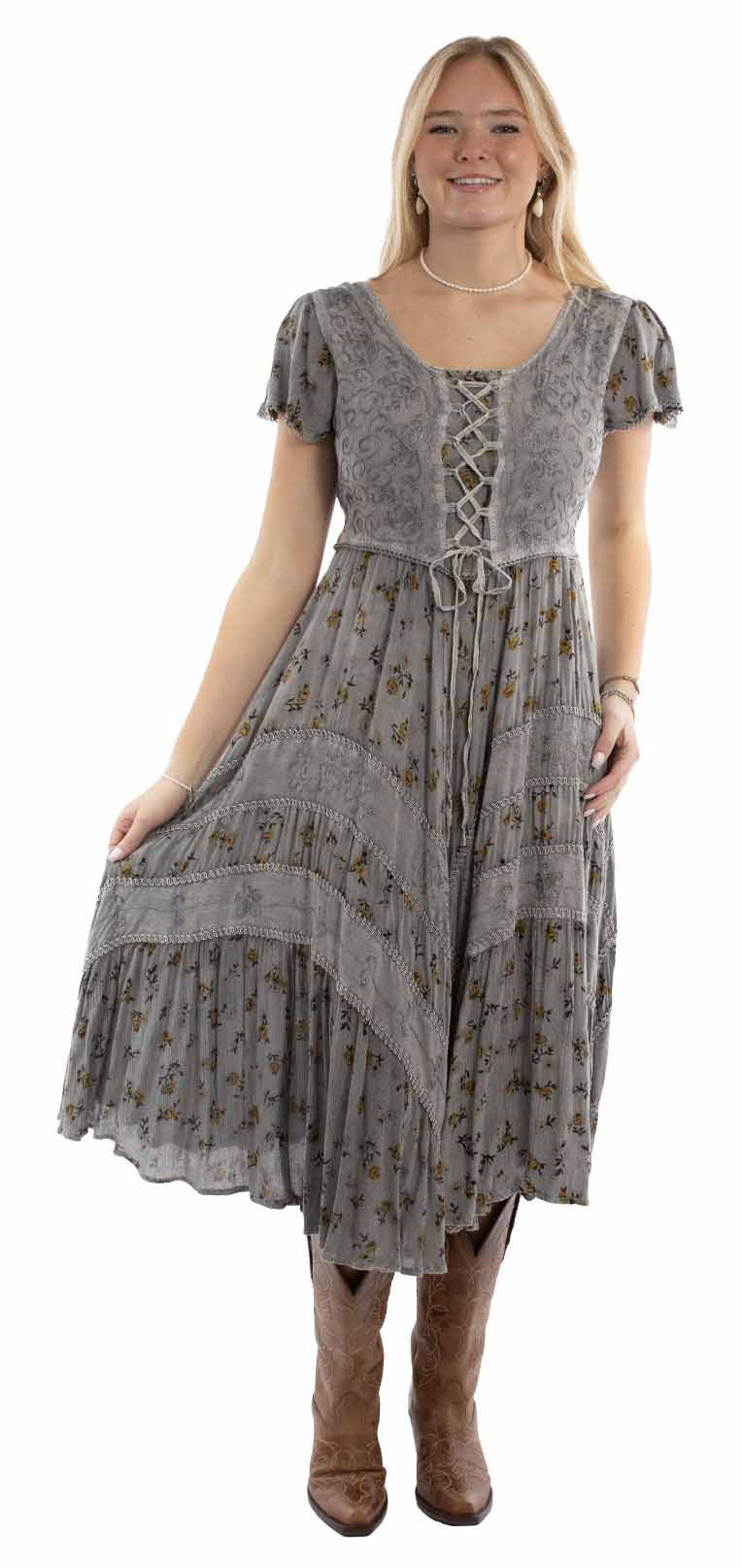 Honey Creek 100% rayon Grey Capsleeve printed lace front dress - Scully Leather