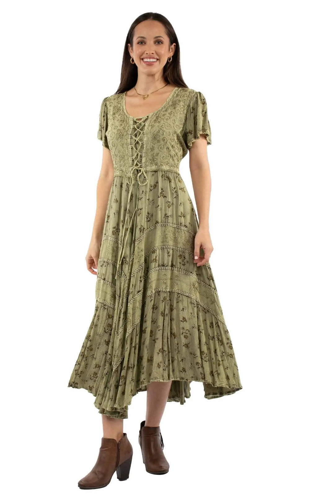 Honey Creek 100% rayon Olive Capsleeve printed lace front dress - Scully Leather