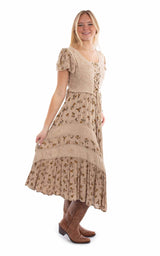 honey creek sand 100% rayon capsleeve printed lace front dress - Scully Leather - Flyclothing LLC