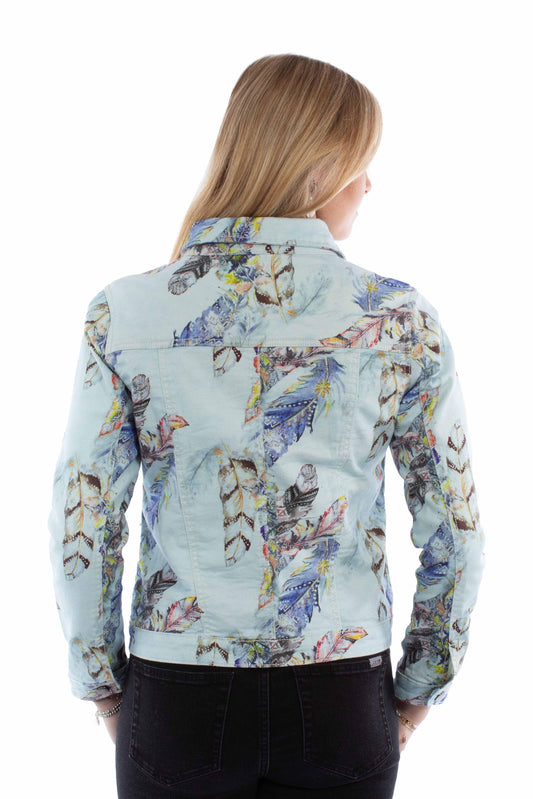 honey creek light blue 98% cotton 2% lycra feather print denim jacket