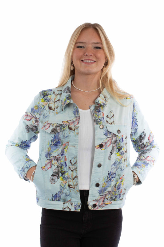 honey creek light blue 98% cotton 2% lycra feather print denim jacket