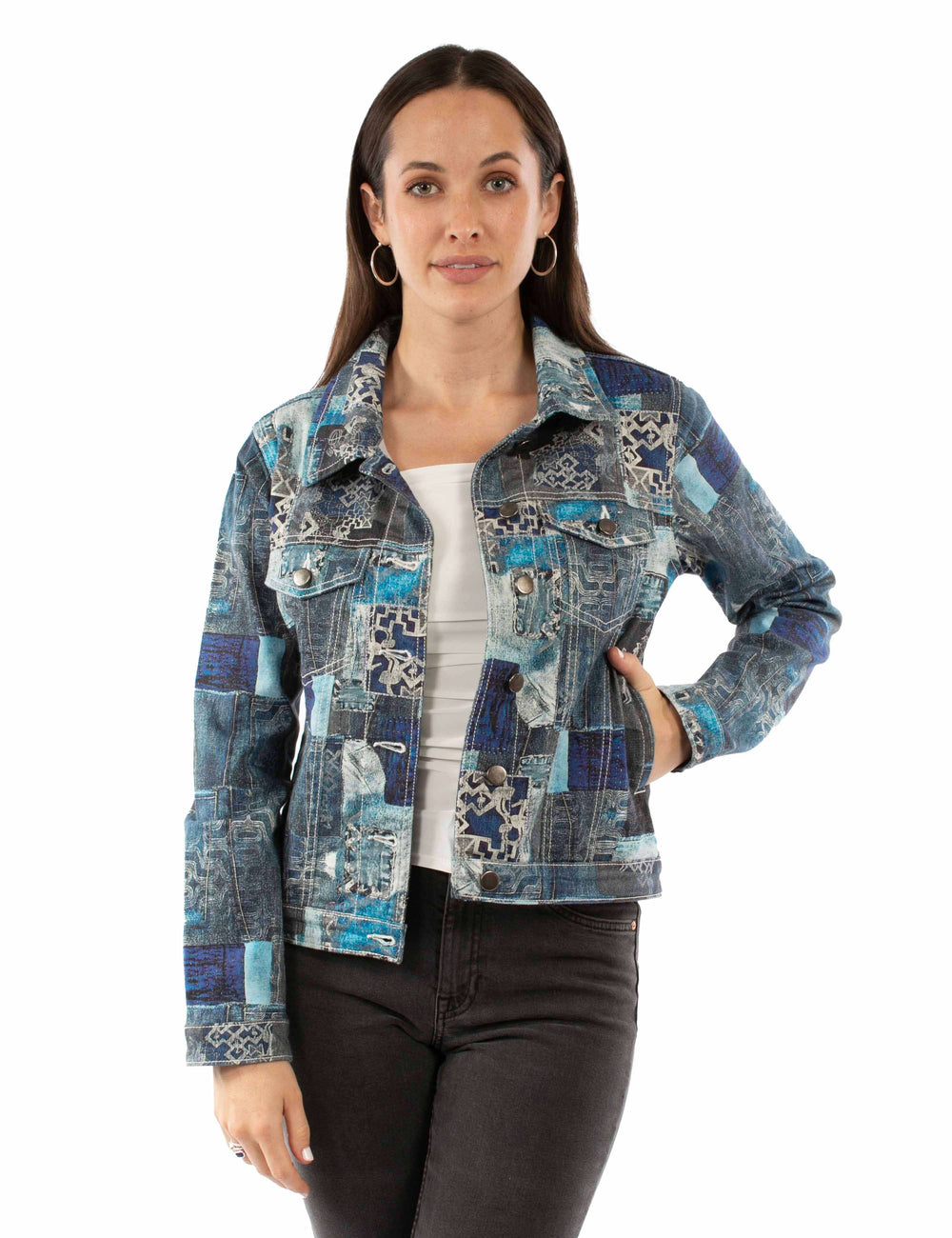 honey creek dark blue 98% cotton 2% lycra printed patch work denim jacket - Scully Leather