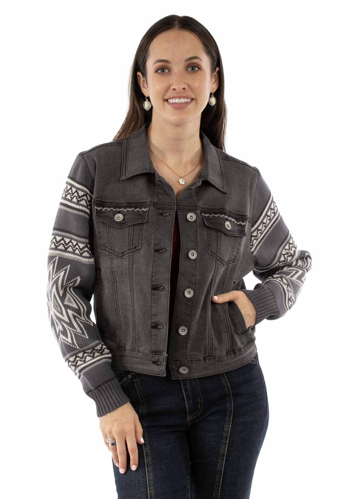Honey Creek Grey Sweater sleeve jean jacket - Scully Leather - Flyclothing LLC