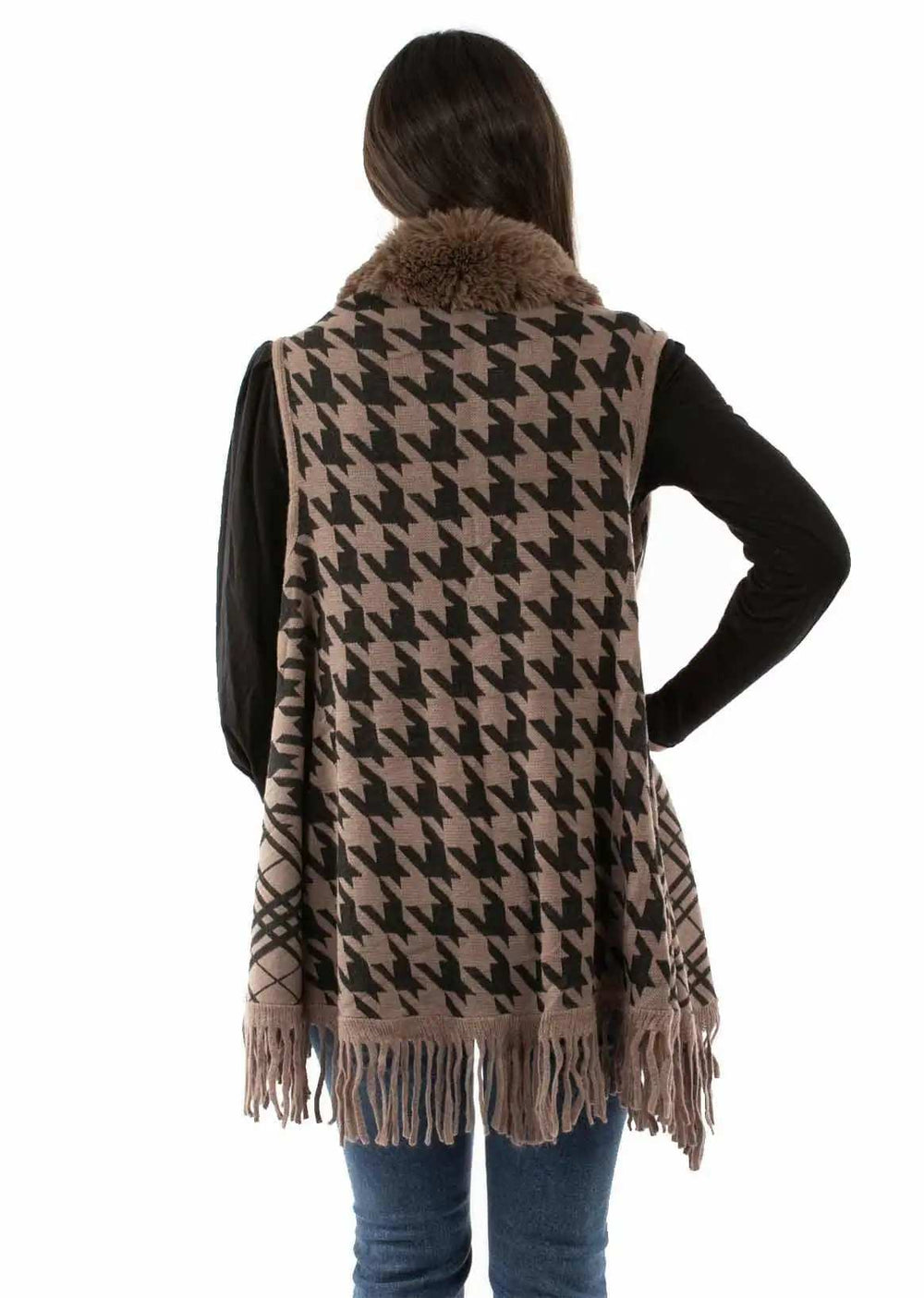Scully Leather Brown Houndstooth Faux Fur Trim Cardigan - Scully Leather - Flyclothing LLC