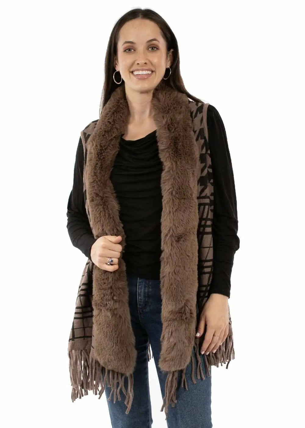 Scully Leather Brown Houndstooth Faux Fur Trim Cardigan - Scully Leather