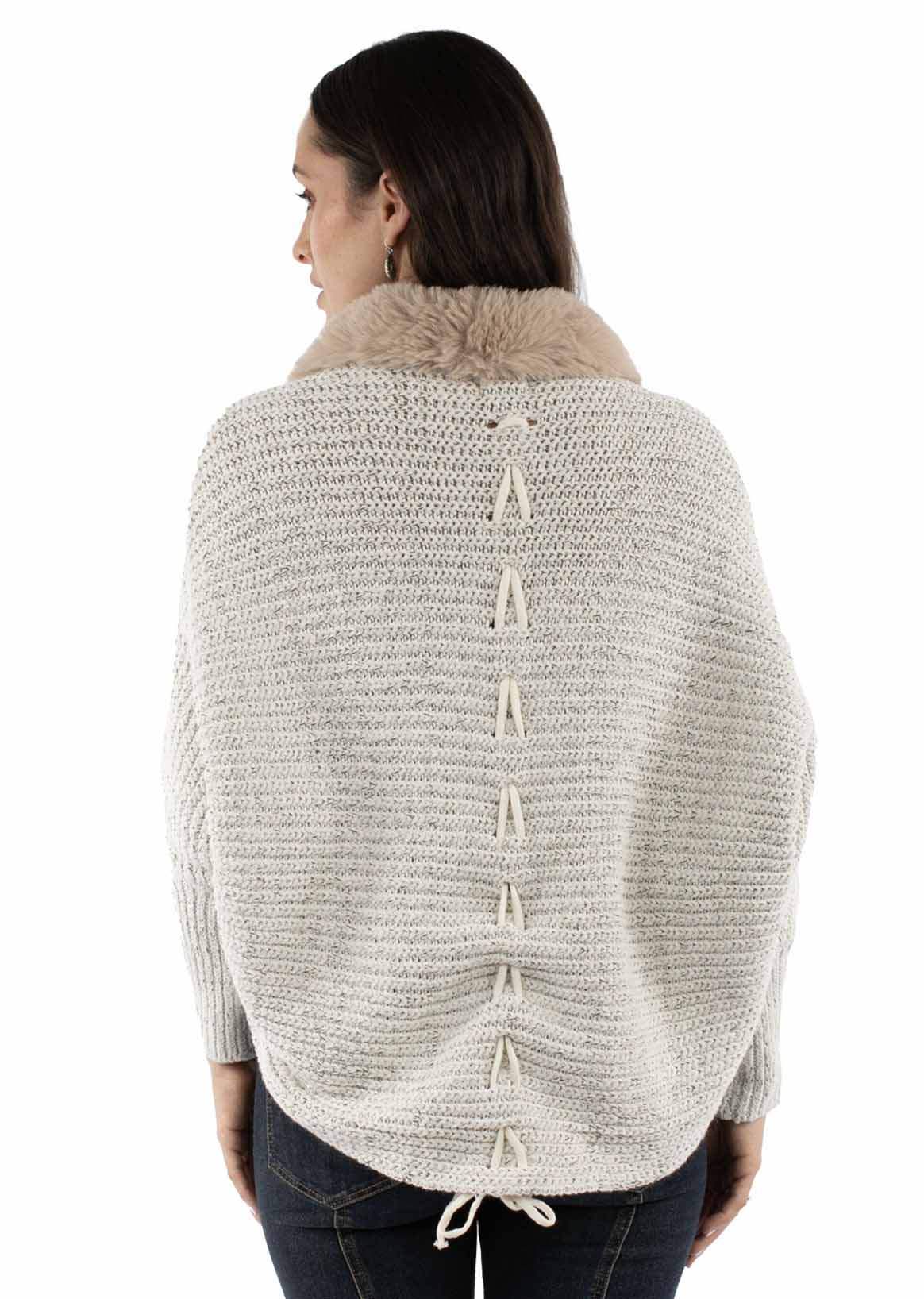 Scully Leather Ivory Lace Up Back Cardigan W/Faux Fur Trm - Scully Leather - Flyclothing LLC