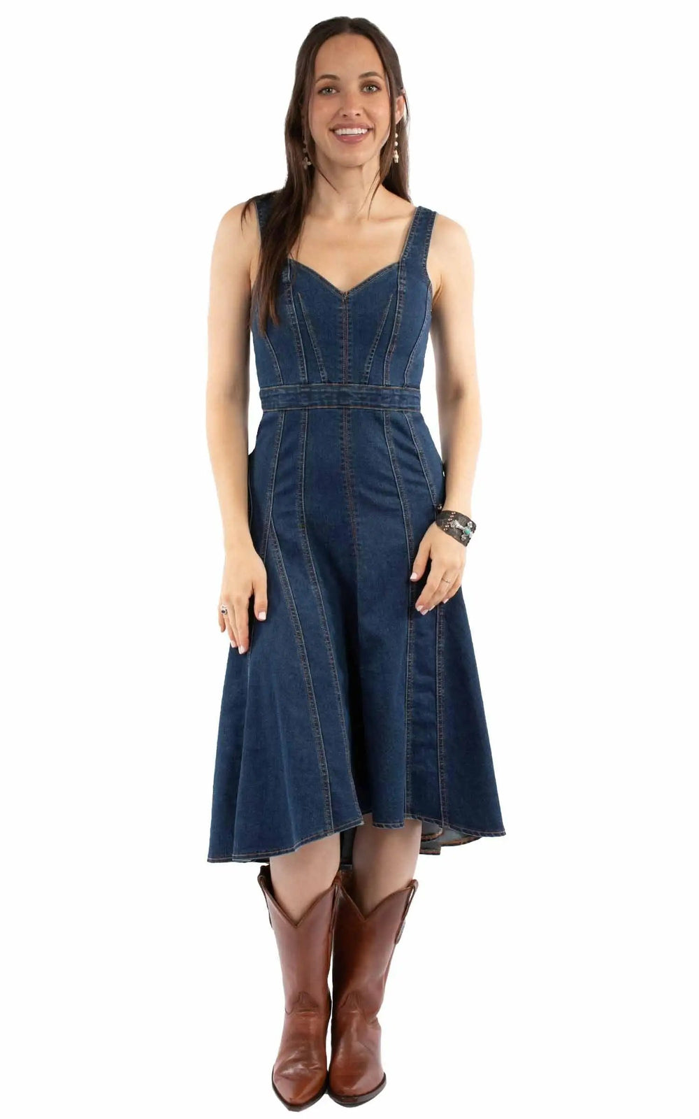 Honey Creek 75% cotton 23% polyester 2% spandex Blue Hi/lo sleeveless denim dress - Scully Leather