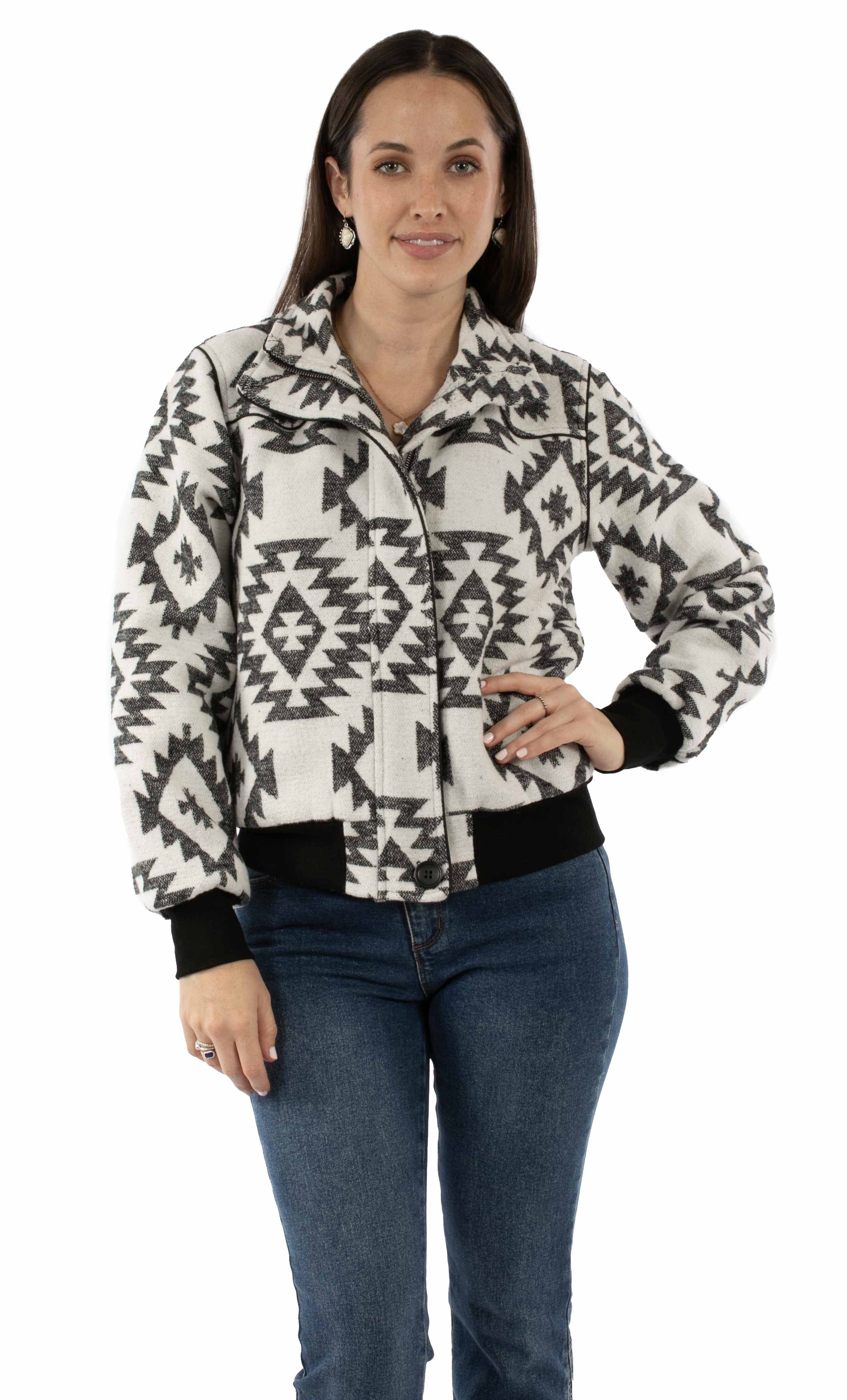 Honey Creek 70% polyester 20% acrylic 10% cotton White-black Southwest baseball jacket - Scully Leather - Flyclothing LLC