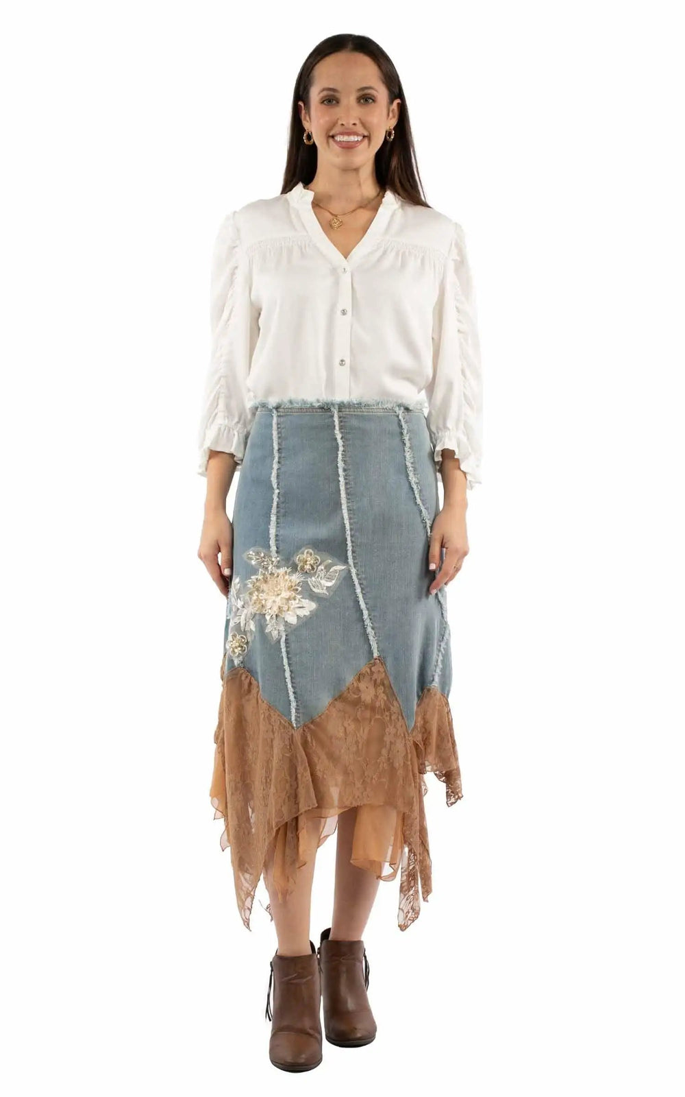Honey Creek  Denim Denim skirt w/applique & lace - Scully Leather
