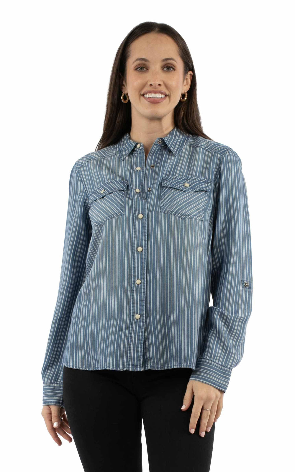 Honey Creek  Blue RaiLong Sleevetripe blouse