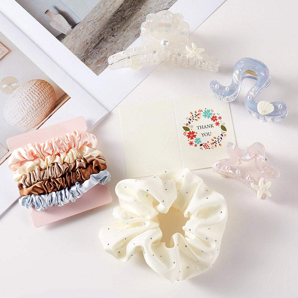 9PCS - Pearl Embellished Cellulose Acetate Shell Starfish Pointed Hair Claw Clips Stretchable Hairbands Set - Madeline Love - Flyclothing LLC