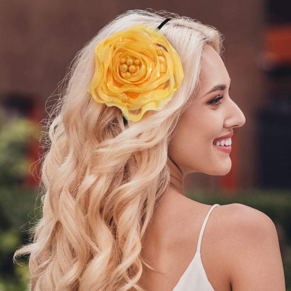 Pearl Embellished Mesh Fabric Flower Headband - Madeline Love - Flyclothing LLC
