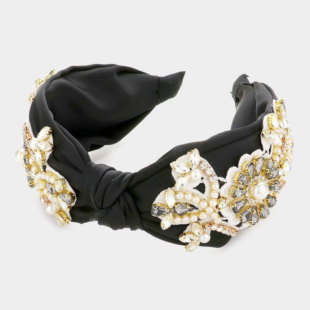 Pearl Stone Embellished Flower Burnout Knot Headband - Madeline Love - Flyclothing LLC