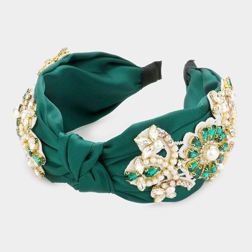 Pearl Stone Embellished Flower Burnout Knot Headband - Madeline Love - Flyclothing LLC