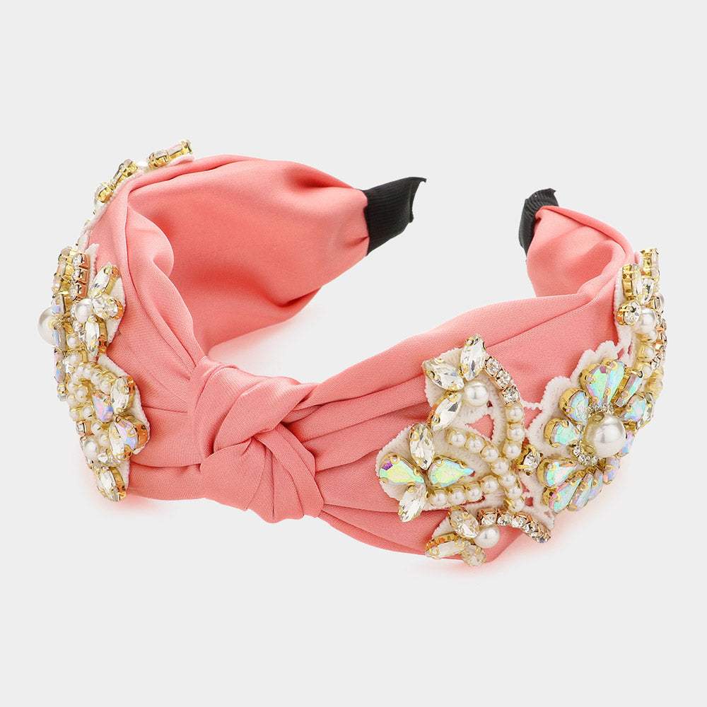 Pearl Stone Embellished Flower Burnout Knot Headband - Madeline Love - Flyclothing LLC