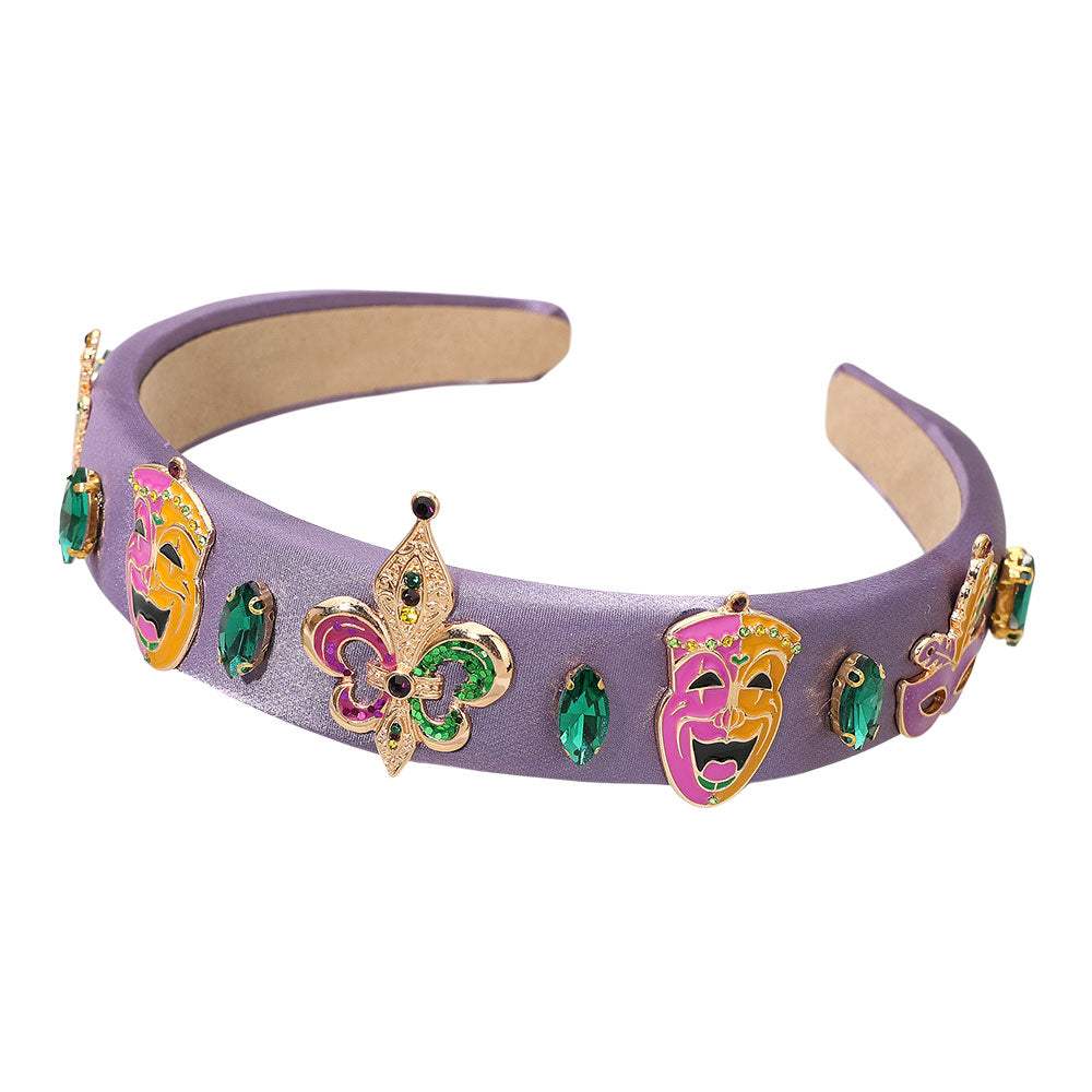 Enamel Mardi Gras Jester Mask Fleur de Lis Charm Embellished Headband - Madeline Love - Flyclothing LLC