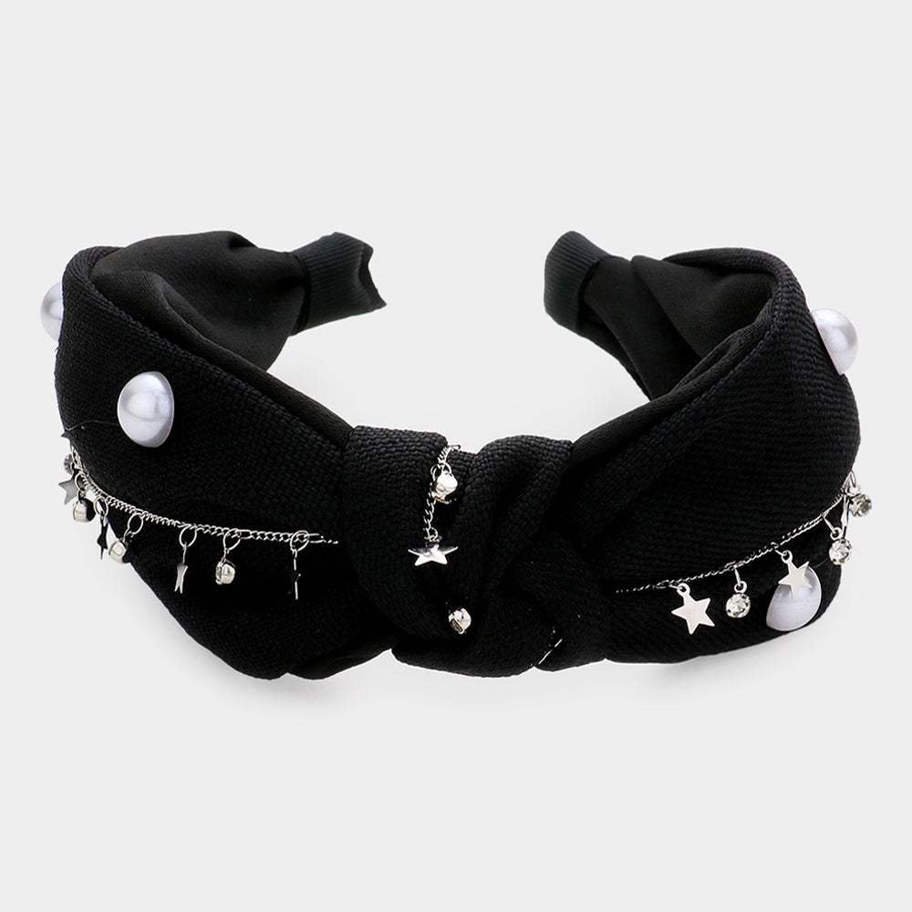 Pearl Round Stone Metal Star Embellished Knot Burnout Headband - Madeline Love - Flyclothing LLC