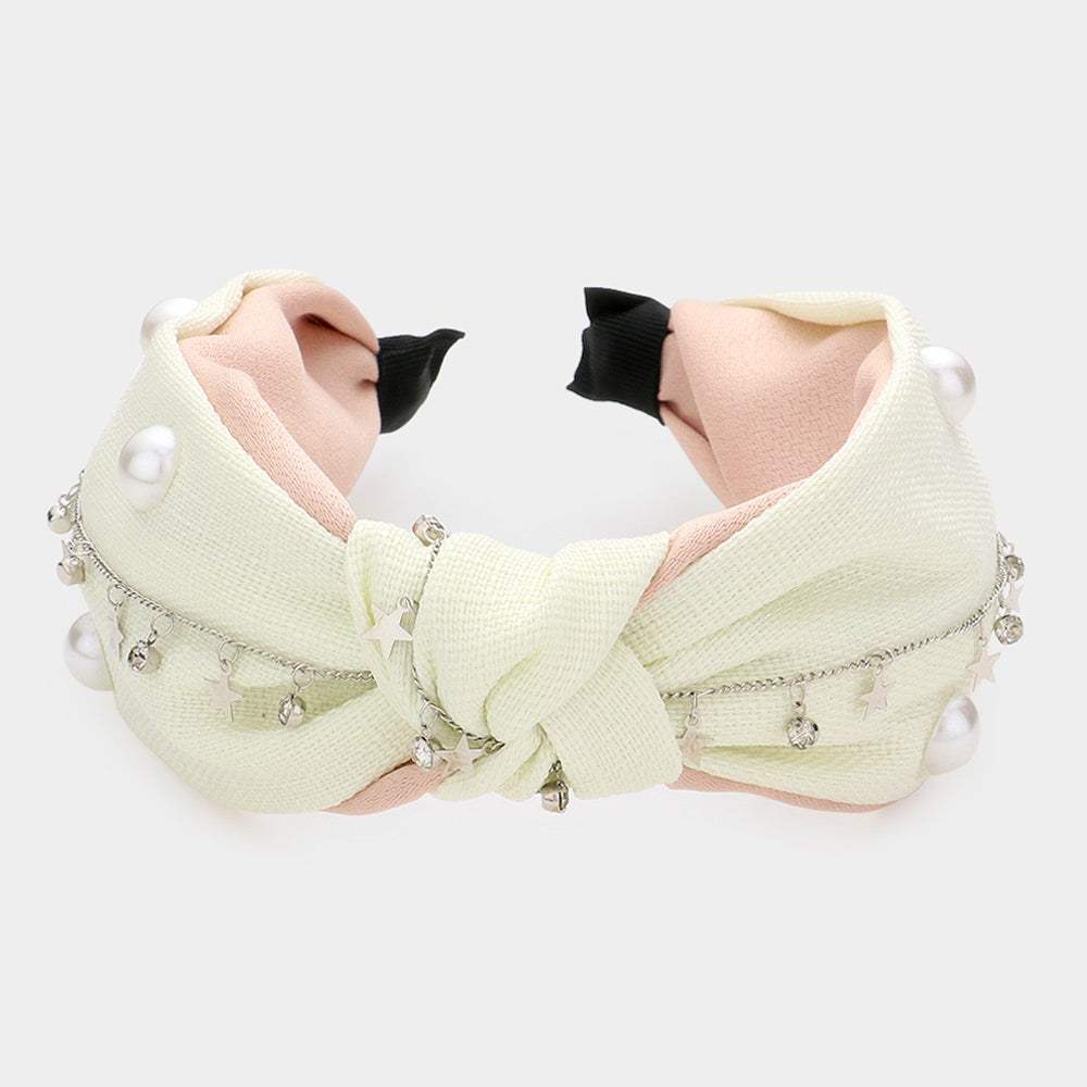 Pearl Round Stone Metal Star Embellished Knot Burnout Headband - Madeline Love - Flyclothing LLC