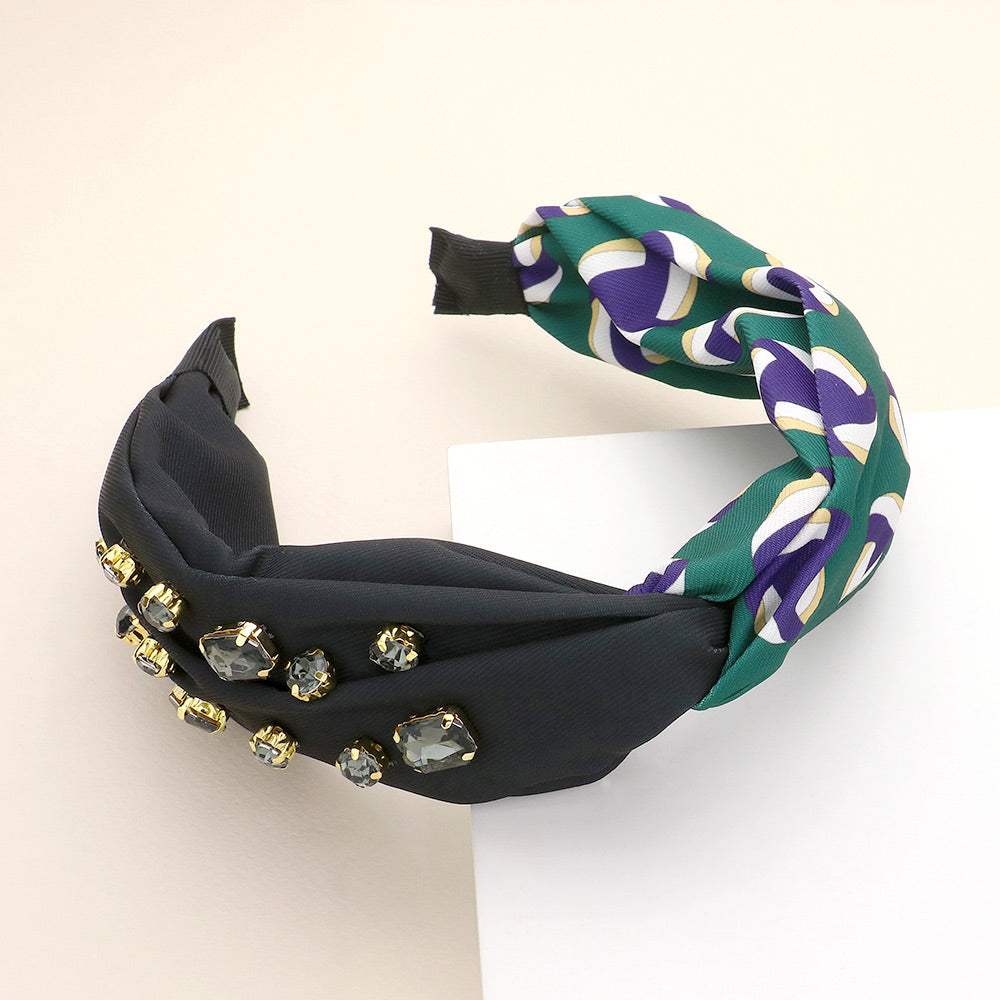 Game Day Multi Stone Embellished Volleyball Patterned Twisted Headband - Madeline Love - Flyclothing LLC