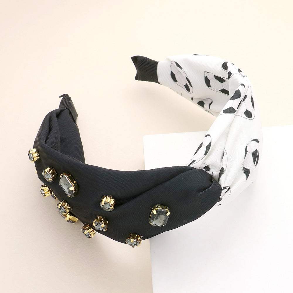 Game Day Multi Stone Embellished Soccer Patterned Twisted Headband - Madeline Love - Flyclothing LLC
