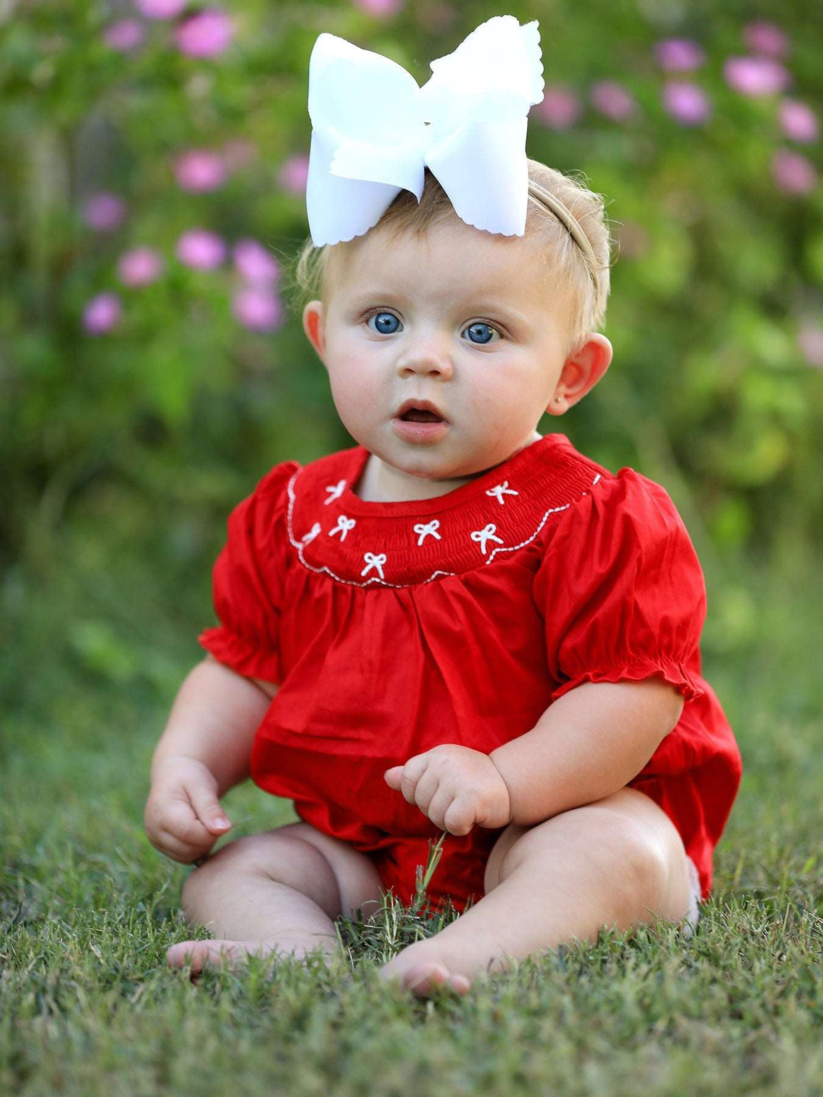 Girls Bow Smocking Embroidered Red Romper - Rylee Faith Designs - Flyclothing LLC