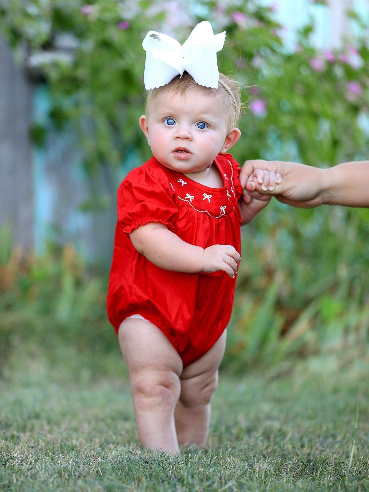 Girls Bow Smocking Embroidered Red Romper - Rylee Faith Designs - Flyclothing LLC