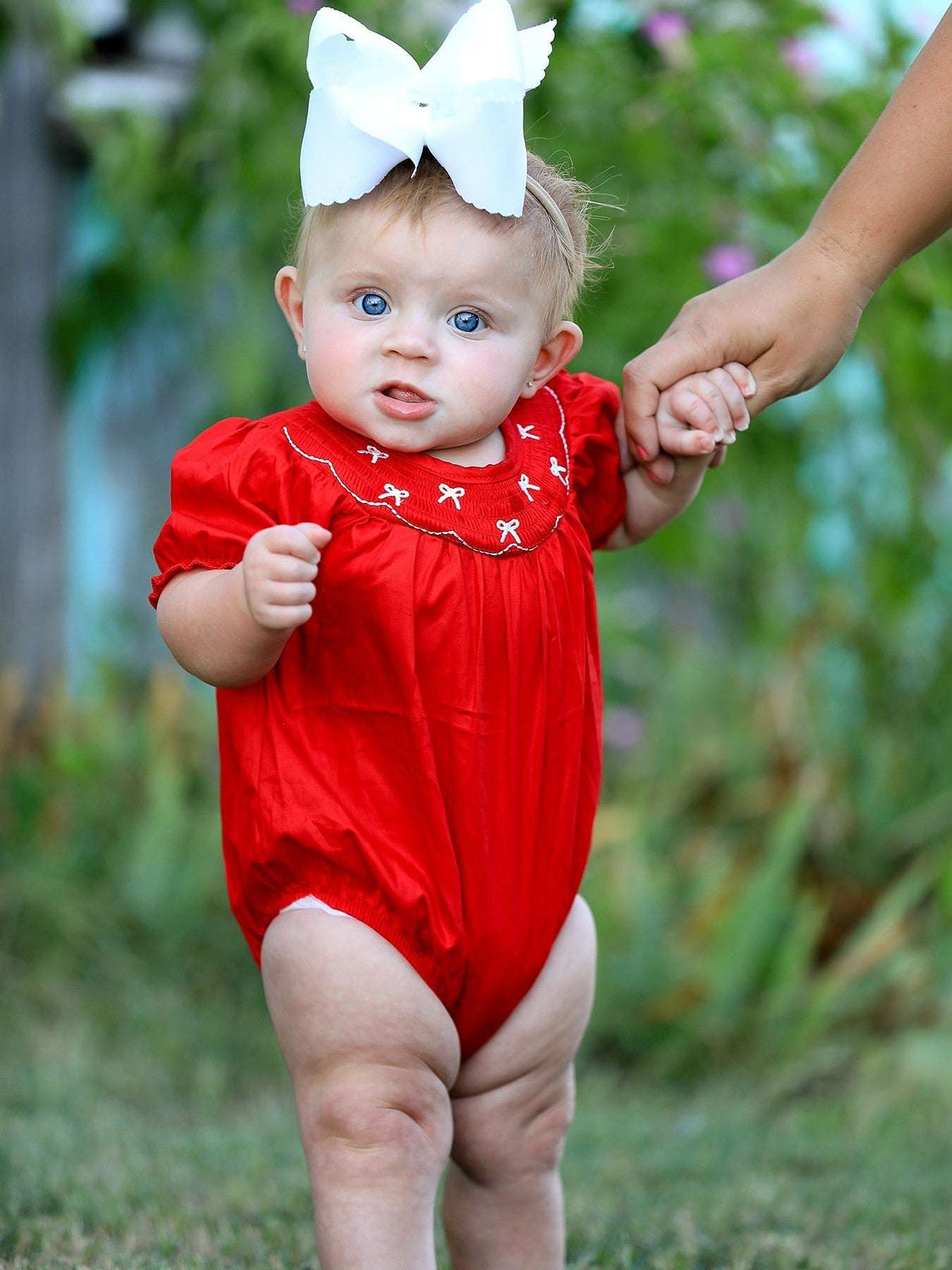 Girls Bow Smocking Embroidered Red Romper - Rylee Faith Designs - Flyclothing LLC
