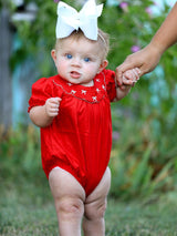 Girls Bow Smocking Embroidered Red Romper - Rylee Faith Designs - Flyclothing LLC