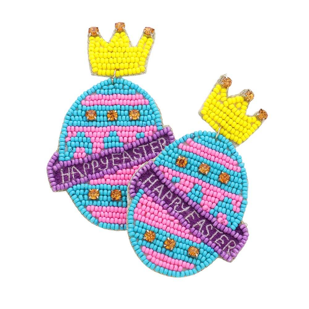 Happy Easter Felt Back Seed Beaded Crown Egg Dangle Earrings - Madeline Love - Flyclothing LLC