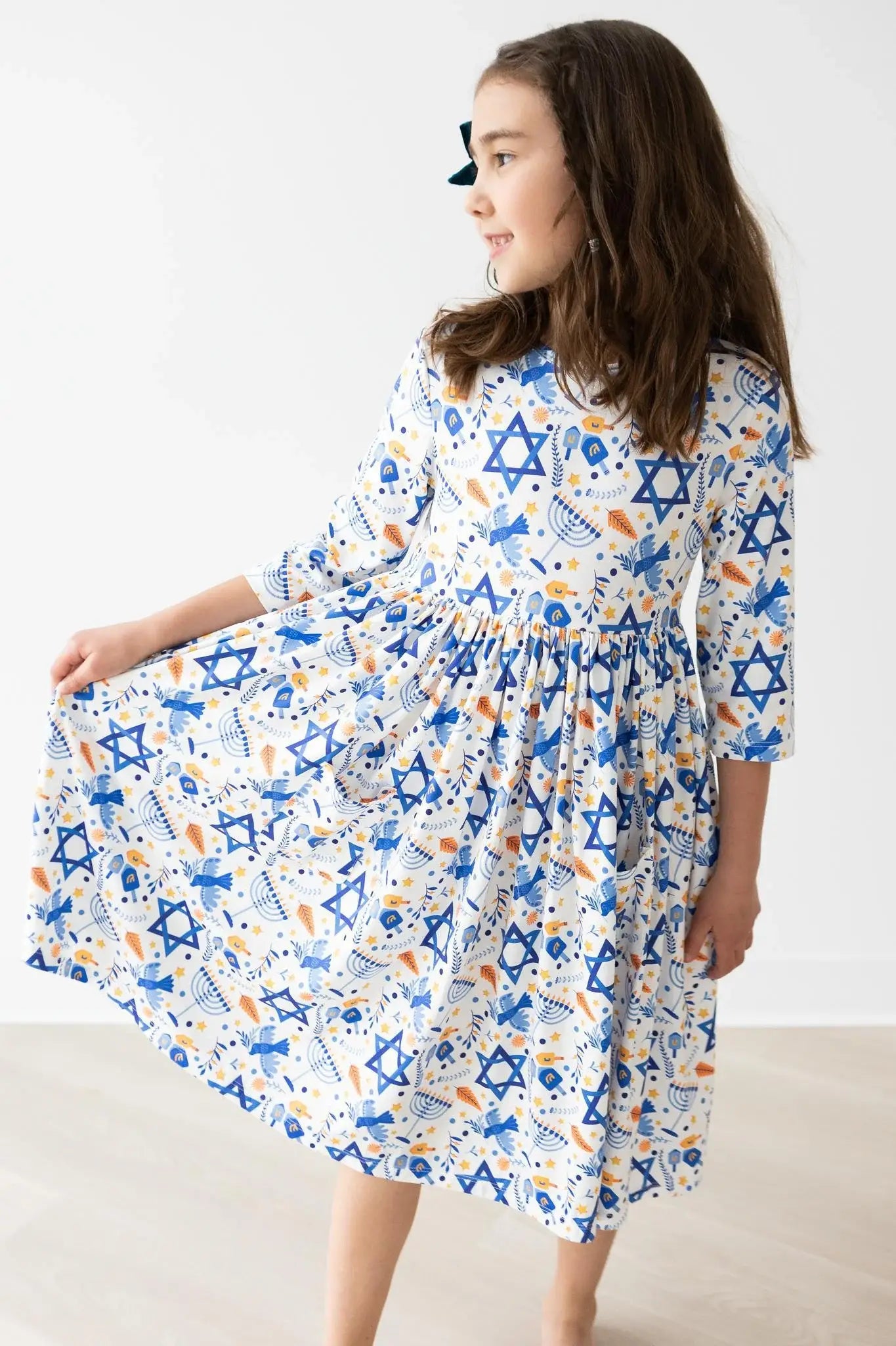 Happy Hanukkah 3/4 Sleeve Pocket Twirl Dress - Mila & Rose ® - Flyclothing LLC