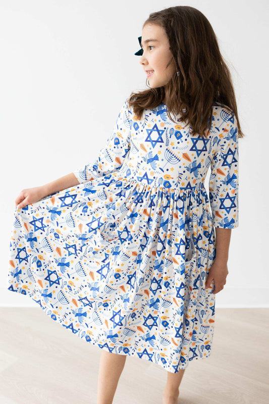 Happy Hanukkah 3/4 Sleeve Pocket Twirl Dress - Mila & Rose ® - Flyclothing LLC