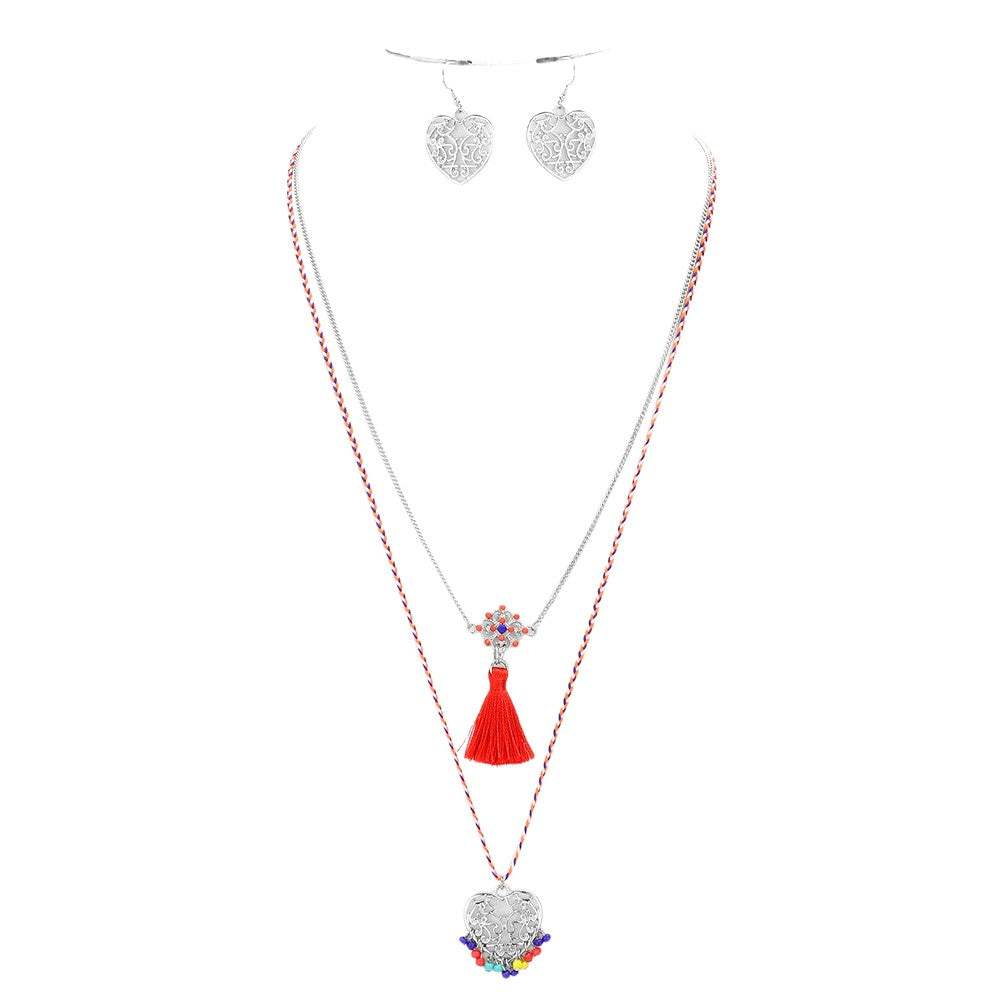 Heart Pendant Necklace With Tassel Set - Madeline Love - Flyclothing LLC