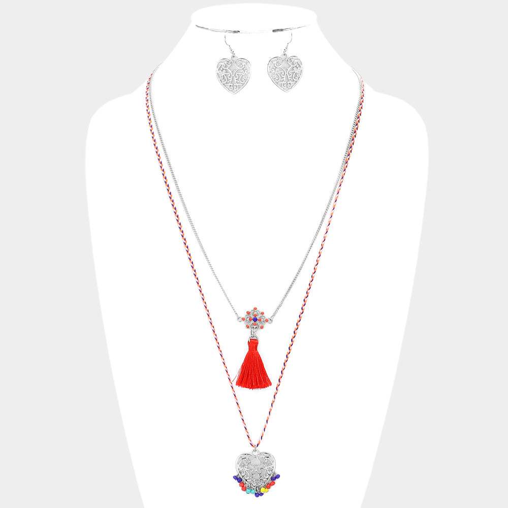 Heart Pendant Necklace With Tassel Set - Madeline Love - Flyclothing LLC