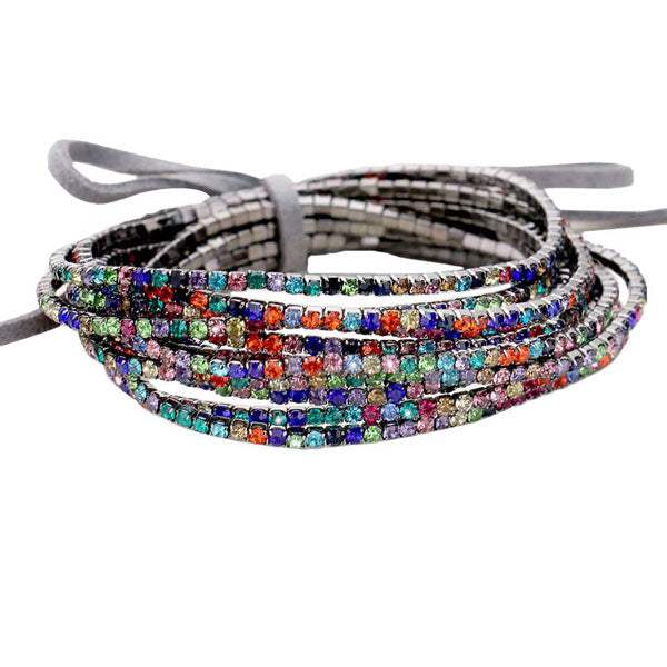 12PCS Ribbon Colorful Rhinestone Layered Stretch Bracelets - Madeline Love - Flyclothing LLC