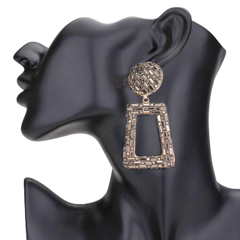 Stone Embellished Chunky Open Rectangle Evening Earrings - Madeline Love - Flyclothing LLC