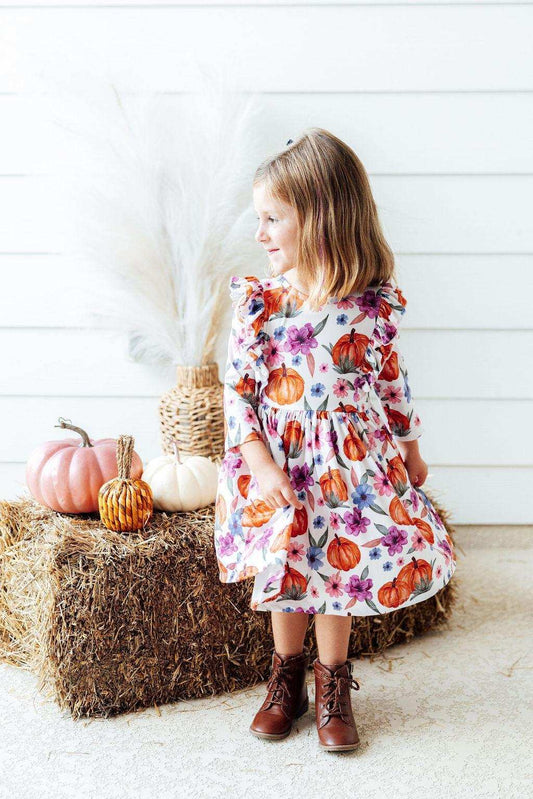 Hey Pumpkin 3/4 Sleeve Ruffle Twirl Dress - Mila & Rose ® - Flyclothing LLC