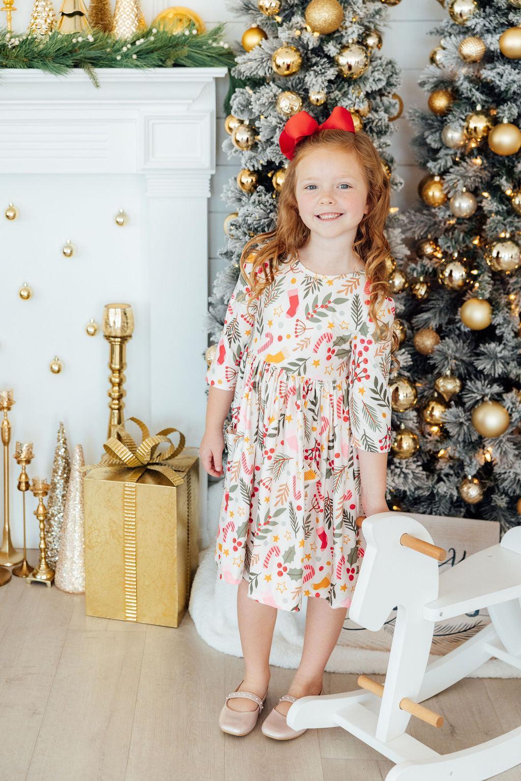 Holly Jolly Christmas 3/4 Sleeve Pocket Twirl Dress - Mila & Rose ® - Flyclothing LLC