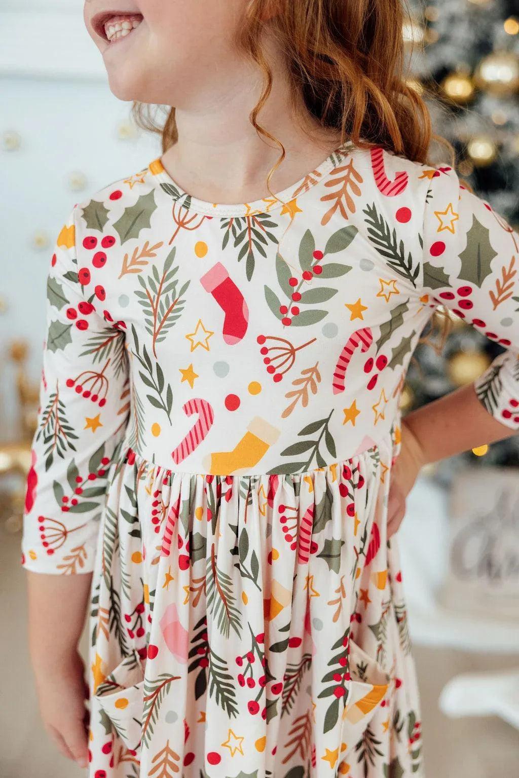 Holly Jolly Christmas 3/4 Sleeve Pocket Twirl Dress - Mila & Rose ® - Flyclothing LLC