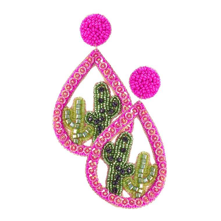Beaded Cactus Accented Teardrop Dangle Earrings - Madeline Love - Flyclothing LLC