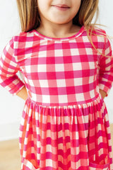 Hot Pink Gingham 3/4 Sleeve Pocket Twirl Dress - Mila & Rose ® - Flyclothing LLC