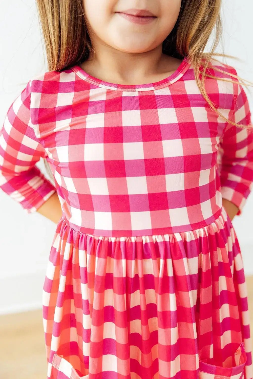 Hot Pink Gingham 3/4 Sleeve Pocket Twirl Dress - Mila & Rose ® - Flyclothing LLC