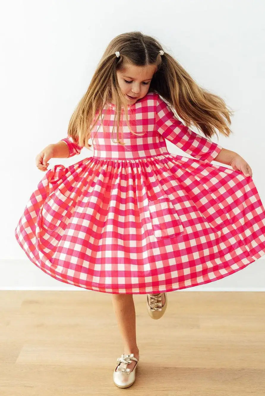 Hot Pink Gingham 3/4 Sleeve Pocket Twirl Dress - Mila & Rose ® - Flyclothing LLC
